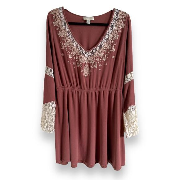 Forever 21 Womens Dress Sz 1X Mini Embroidered Dusty Rose Tunic Cottagecore - Picture 3 of 8